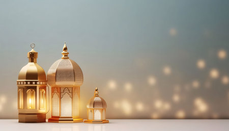 Burning golden mosque-looking decorated lanterns on bright background with bokeh effect. Lantern as a symbol of Ramadan for Muslims, banner with space for your own content. Blank field for the inscription.の素材