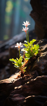 White flowers and moss in the forest on the mulch between stones and tree roots. Rays of sunshine. Flowering flowers, a symbol of spring, new life. A joyful time of nature waking up to life.の素材