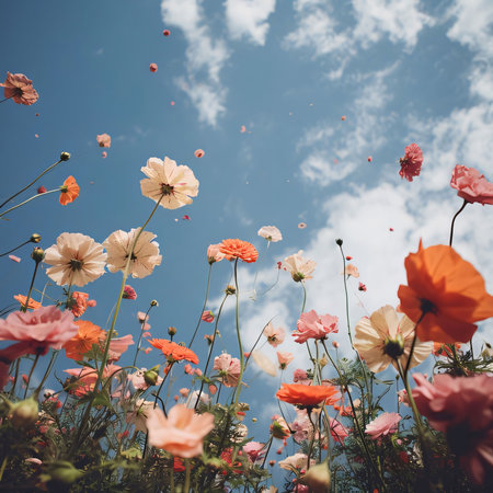 View from the bottom of the flowers of red poppies and white flowers, petals, on top of the clouds and sky. Flowering flowers, a symbol of spring, new life. A joyful time of nature waking up to life.の素材