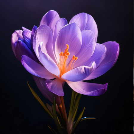 Purple crocus on dark background. Flowering flowers, a symbol of spring, new life. A joyful time of nature waking up to life.の素材