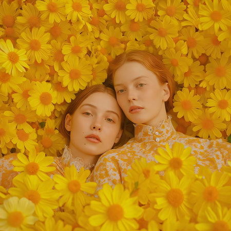 Two women lying in yellow, orange flowers. Flowering flowers, a symbol of spring, new life. A joyful time of nature waking up to life.の素材