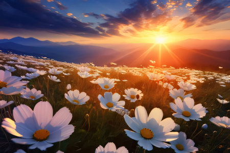 Field with white flowers, daisies at sunset over the mountain ranges. Flowering flowers, a symbol of spring, new life. A joyful time of nature waking up to life.の素材