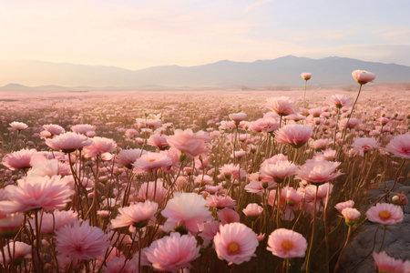 A flowery field, a field full of pink flowers, in the daytime, clouds in the sky. Flowering flowers, a symbol of spring, new life. A joyful time of nature waking up to life.の素材