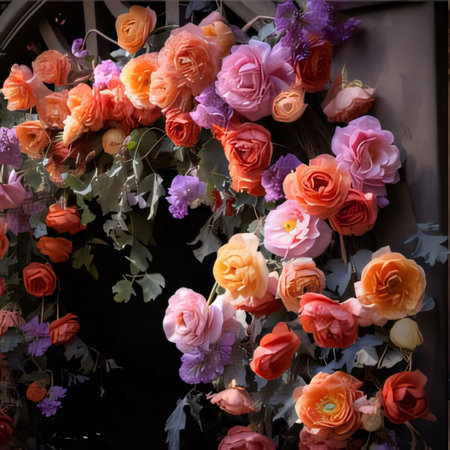 Colorful roses growing in front of the entrance to the house. Flowering flowers, a symbol of spring, new life. A joyful time of nature waking up to life.の素材
