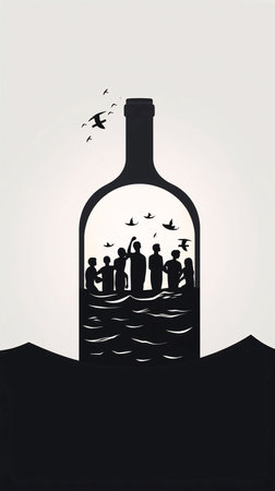 Vector illustration of people in a bottle in black silhouette against a clean white background,...