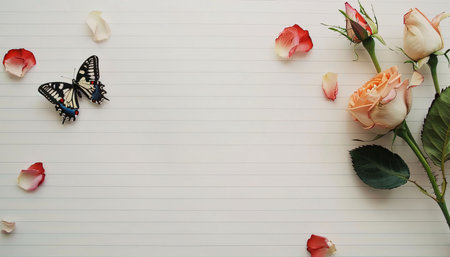 Beautiful spring illustration: Rose flower and butterfly on notebook paper background, valentine's day conceptの素材