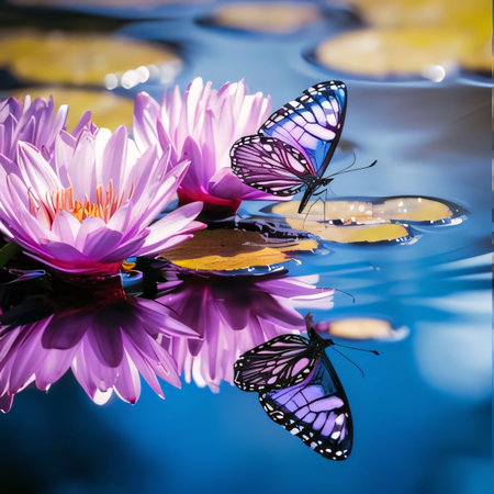 Beautiful spring illustration: Beautiful purple lotus and butterfly on the water surface with reflectionの素材