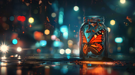 Beautiful spring illustration: Glass jar with butterfly on the background of the night city lights.の素材
