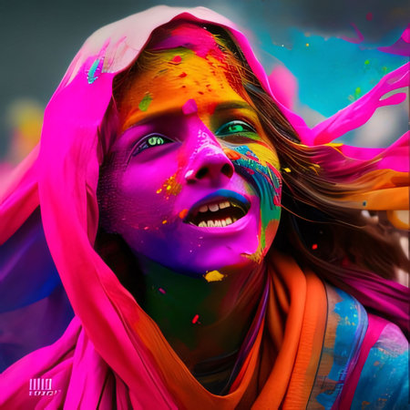 Festival Holi: Portrait of a beautiful girl with bright make-up and multicolored paint on her face.の素材