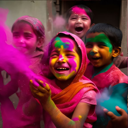 Festival Holi: Unidentified children playing in Holi festival in Kolkata, West Bengal. Holi is one of the biggest festivals in Indiaの素材