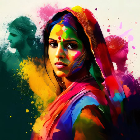 Festival Holi: Portrait of a beautiful Indian woman with colorful make up.の素材