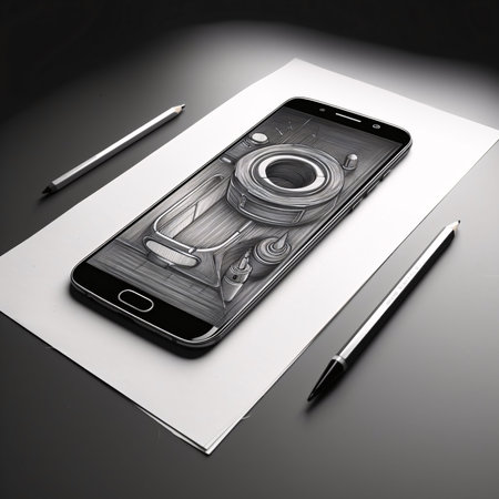 Smartphone screen: 3D render of a smartphone with a camera and pencils.の素材