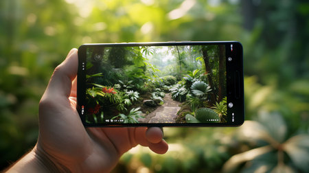 Smartphone screen: Hands holding smartphone taking photo of tropical garden with green plants.の素材