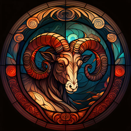 Signs of the zodiac: Illustration in stained glass style with abstract goat on a dark backgroundの素材