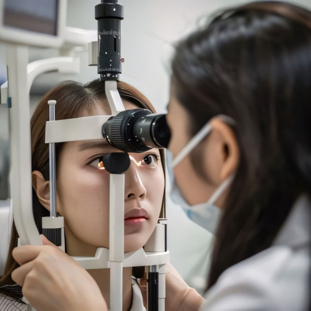 Hospital and doctors help: Asian young female patient during eye examination in ophthalmology clinic.の素材