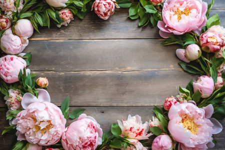 Banner: Beautiful peony flowers on wooden background, flat lay. Space for textの素材