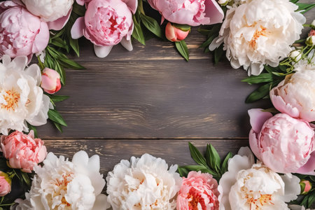 Banner: Frame made of beautiful peonies on wooden background, top view. Space for textの素材
