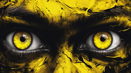 Banner: Close up of woman's eyes with yellow paint. Halloween concept.の素材