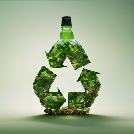 Earth Day: Recycling concept. Glass bottle with recycling symbol on green backgroundの素材