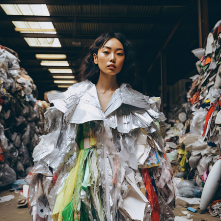 Earth Day: Fashionable asian woman in a large warehouse full of garbage.の素材