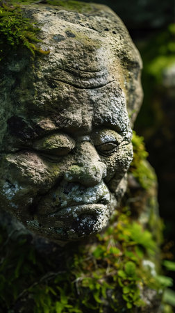 Earth Day: Stone face of a buddha in a mossy garden.の素材