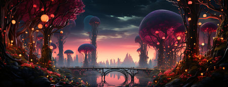 Banner: Fantasy landscape with a bridge over the river. 3d renderの素材
