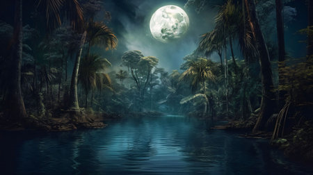 Banner: Fantasy landscape with a full moon in the jungle. 3d renderingの素材
