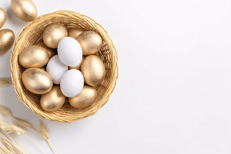 Banner: Easter eggs in a basket on a white background with copy spaceの素材
