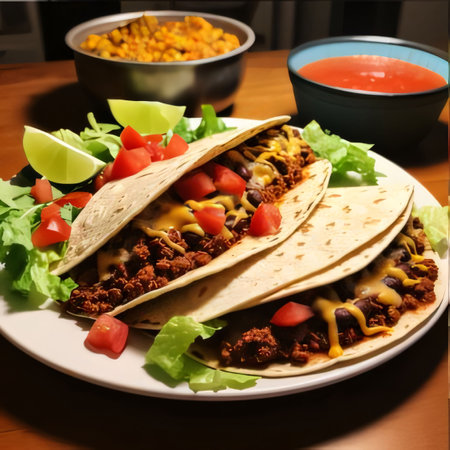 Mexican Taco: Mexican tacos with meat, beans, cheese, tomato and lettuceの素材