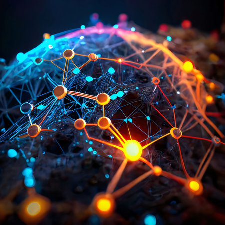Abstract background design: 3d rendering of global network concept with glowing dots and lines.の写真素材