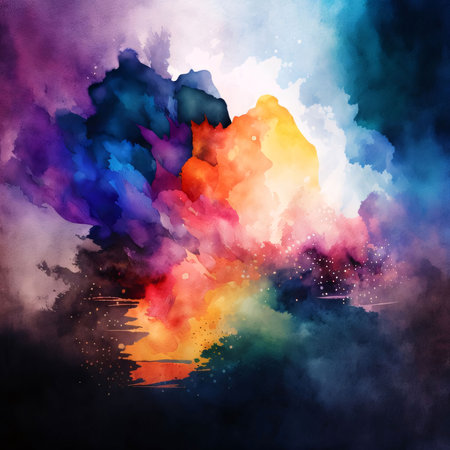 Abstract background design: Colorful watercolor background with a lot of clouds and sun.の写真素材