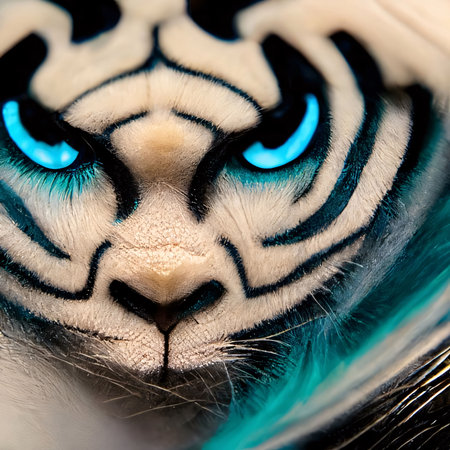 Abstract background design: Close up of a tiger's face with blue eyes. Macro.の写真素材