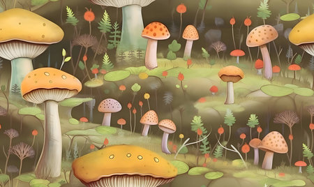 Patterns and banners backgrounds: Fantasy forest background with mushrooms and grass - illustration for children.のイラスト素材