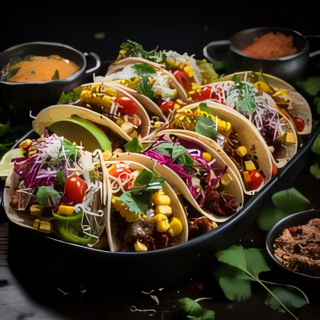 Mexican Taco: Mexican tacos with beef, corn, vegetables and sauce on black backgroundの素材