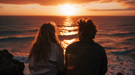 Photography: Couple looking at the sunset in the sea. Man and woman watching the sunset on the beach.の写真素材