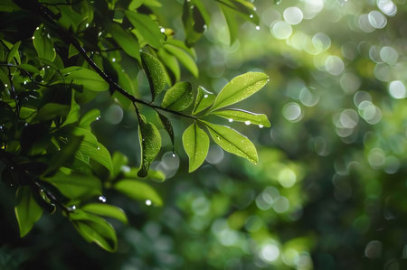 Photography: Green leaves with dew drops. Natural background. Selective focus.の写真素材