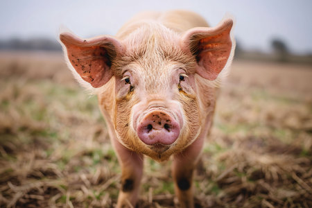 Photography: Portrait of a cute pig on a farm in the countryside.の写真素材