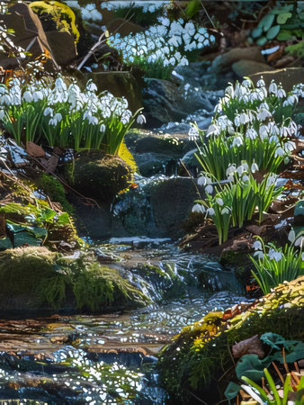 Photography: snowdrops in the spring garden with water and green moss.の写真素材