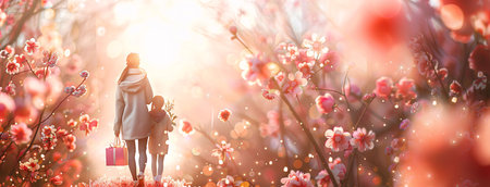 Mother's Day: Happy mother and daughter walking in spring blooming garden at sunset.の写真素材