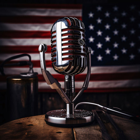 Memorial Day: Vintage microphone on the background of the American flag. Studio photography.の写真素材