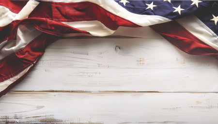 Memorial Day: American flag on white wooden background with copy space. Top view.の写真素材