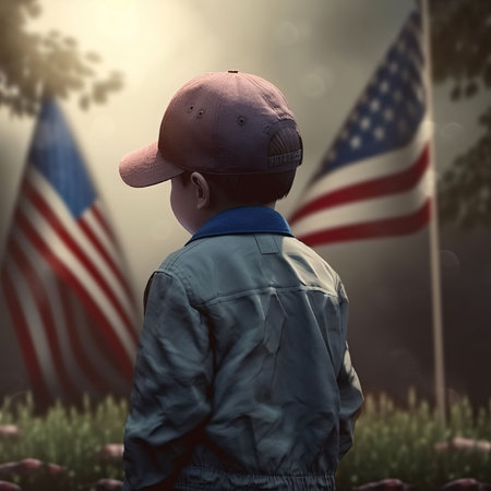 Memorial Day: A boy in a cap with the American flag in the background.の写真素材