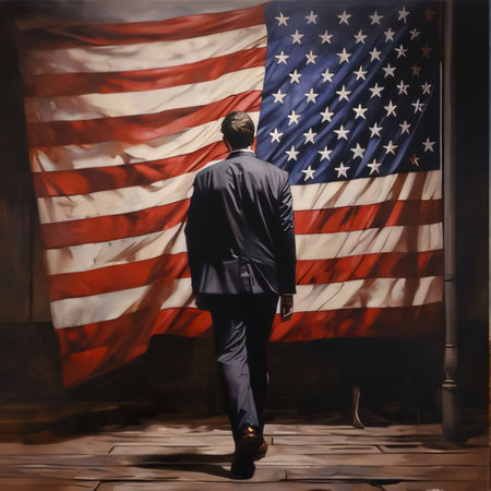 Memorial Day: Rear view of a businessman standing in front of an American flagの写真素材