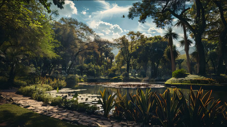 Photography: Tropical garden with pond and palm trees. Panorama.の写真素材