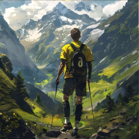 Photography: Hiker with backpack and trekking poles on the background of mountainsの写真素材
