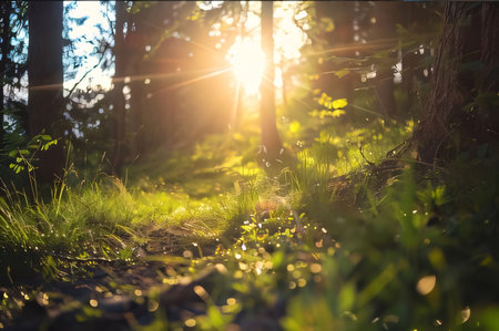 Photography: Beautiful sunset in the forest. Nature background. Selective focusの写真素材