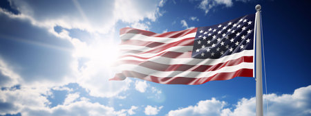 Memorial Day: United States of America Flag On Cloudy Sky 3D Illustrationの写真素材