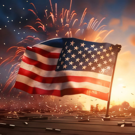 Memorial Day: United states of America flag waving in the wind with fireworks in the backgroundの写真素材