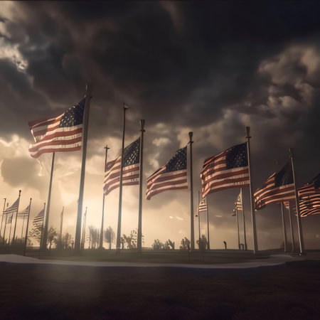 Memorial Day: American flags waving in the wind on a background of stormy sky