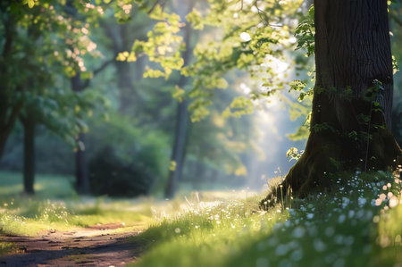 Photography: Beautiful spring landscape with sunbeams shining through the trees.の写真素材